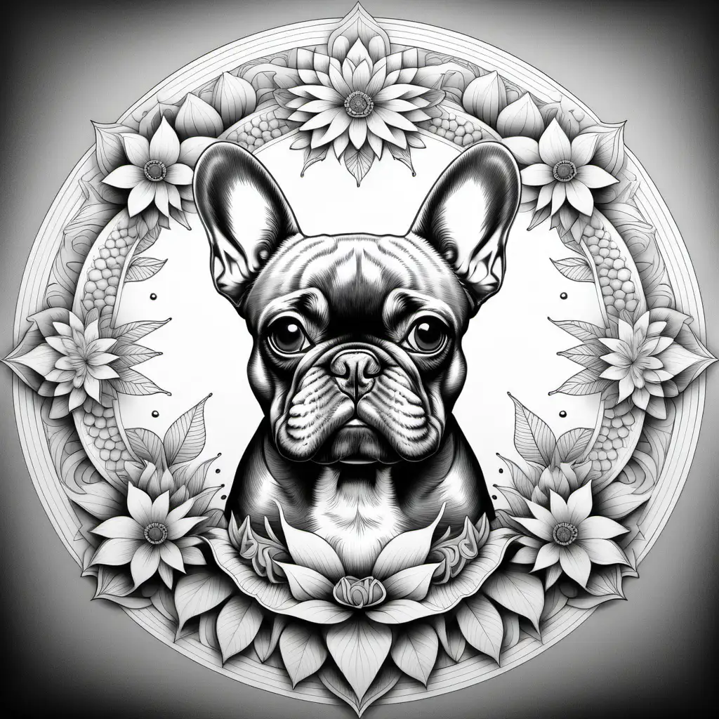 Symmetrical Mandala Portrait with French Bulldog in Adult Coloring Book