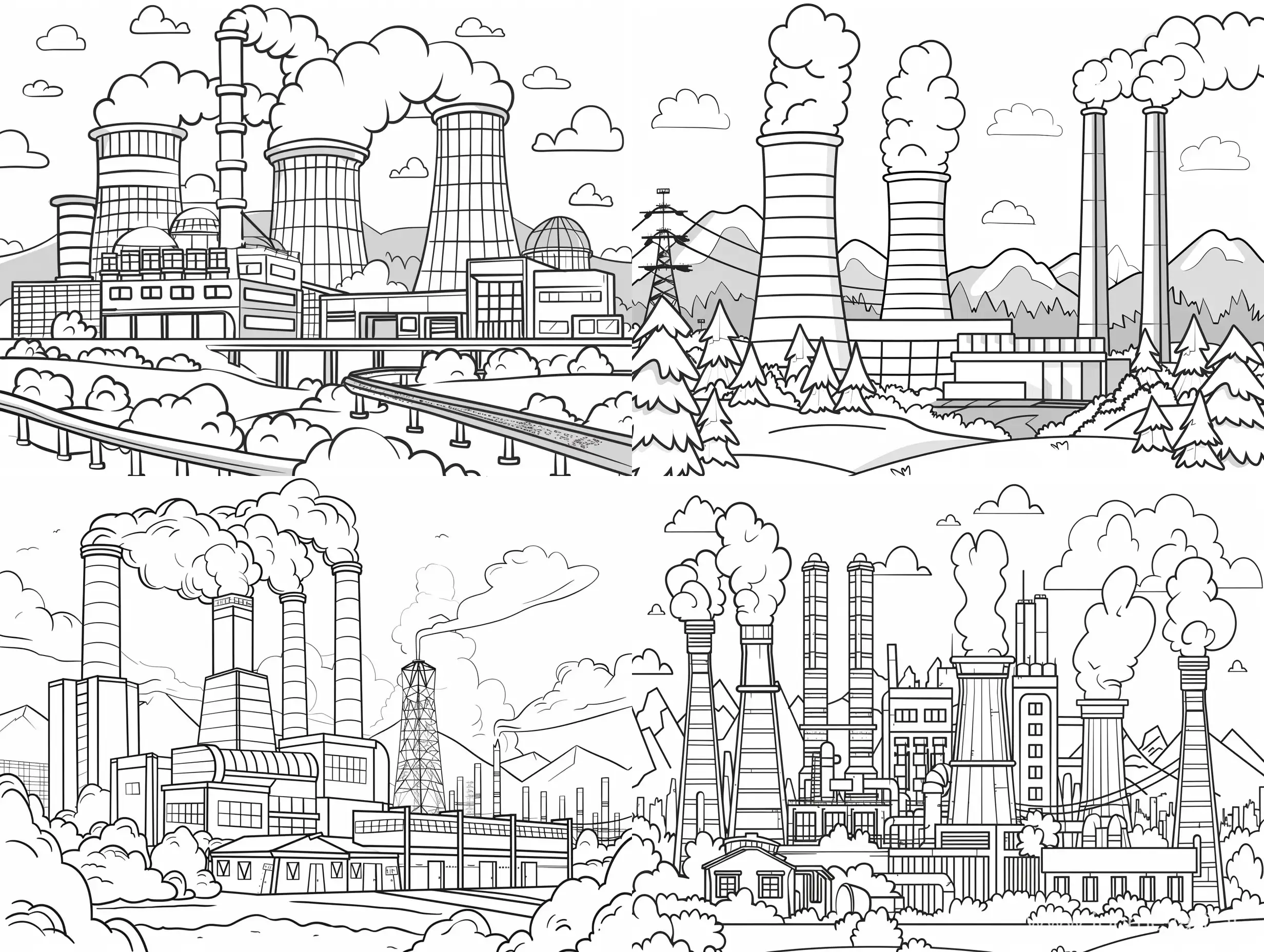 coloring page for kids, detailed, simply cartoon style, isolated, funny, future power station
