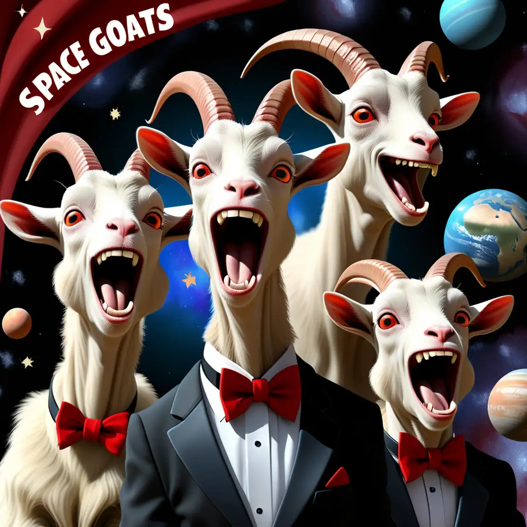 happy screaming goats with a space background dressed in tuxedos and red bow ties. There are 4 goats in total. Space should be both stars and planets. Logo name sign below with the text "Space Goats". 
