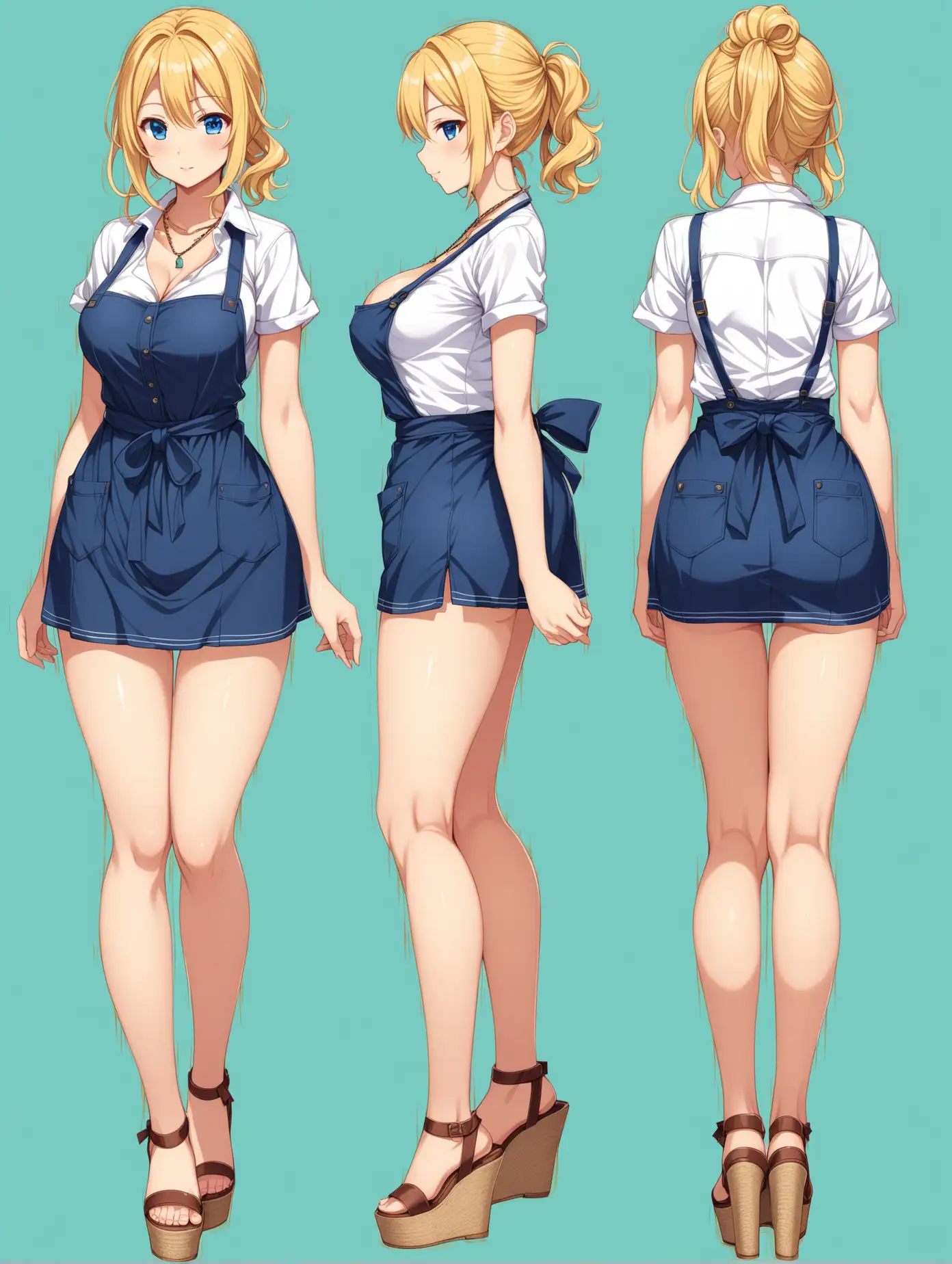 Full body image of a sensual anime girl, farmer outfit, 2 poses front and rear, age 20, short height, breasts size DDD, large hips, wavy hair, blonde, mid length hair, tied hair, blue eyes, short dress, high heels wedges sandals, necklace