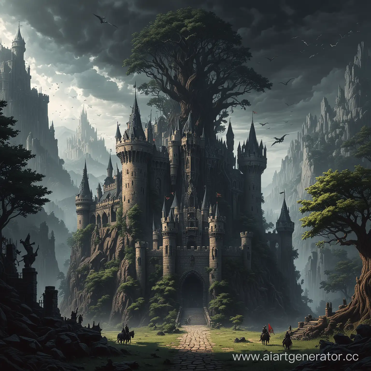 Dark fantasy, pixel, castle, dragons, tree, рыцари лес