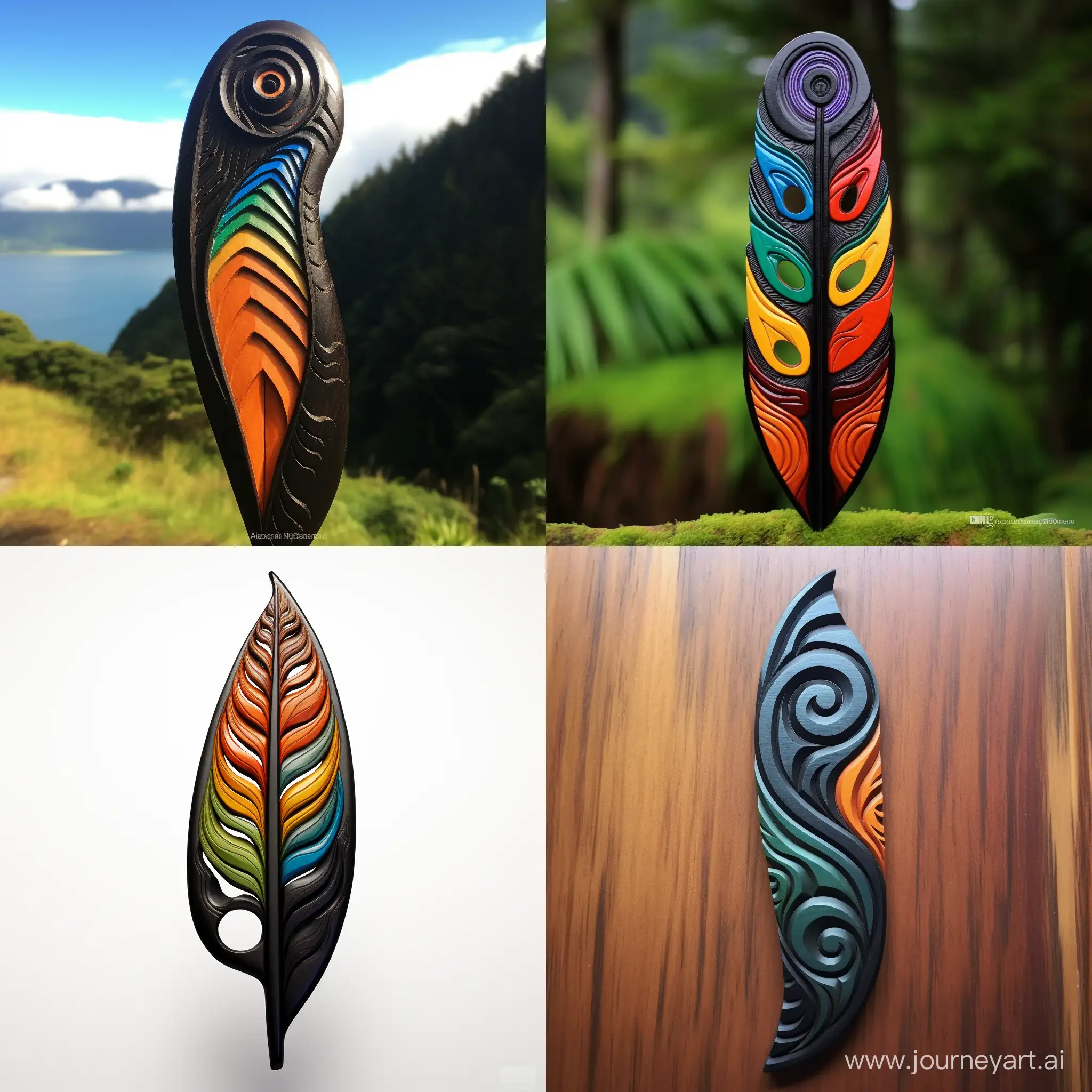 1 New Zealand Huia feather in the shape of an exclamation mark, carved, with an infinity symbol, a rainbow, a brain, Taranaki mountain, maori carving style