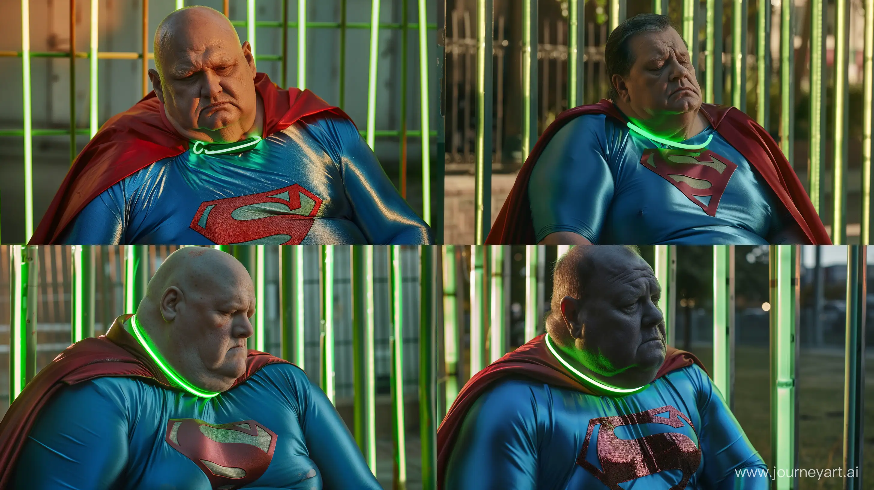 Close-up photo of a fat man aged 60 wearing a silk blue superman tight costume with a large red cape and a tight green glowing neon dog collar looking down. Sitting against green glowing green neon bars. Outside. Daylight. --style raw --ar 16:9