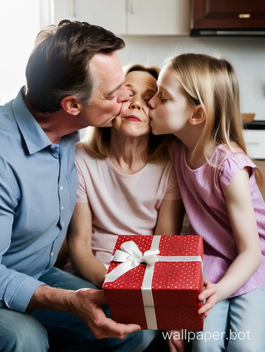 This is a real photo taken on Mother's Day. The photo shows a middle-aged woman and his daughter, both white Americans. A man is holding a gift box in his hand, a gift from his daughter, and his daughter is kissing his face. The whole picture presents a warm scene.
Caucasian
