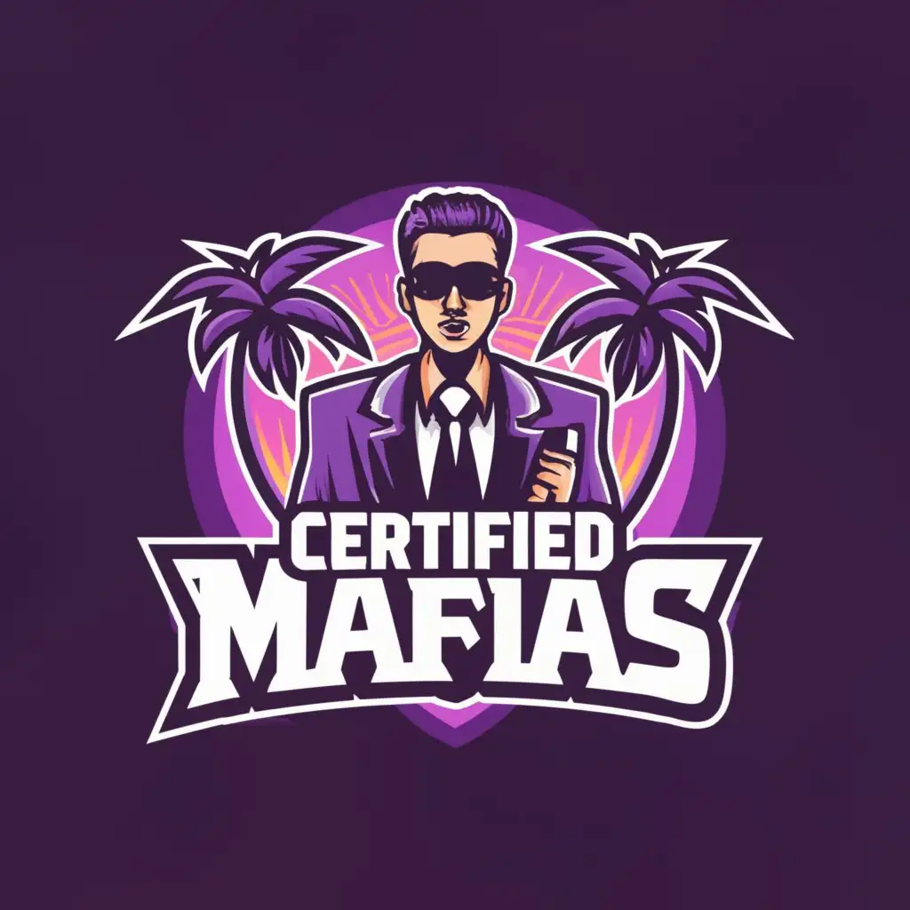 a logo design,with the text "Certified Mafias", main symbol:A character standing up with two palm trees behind with a purple background,complex,clear background
