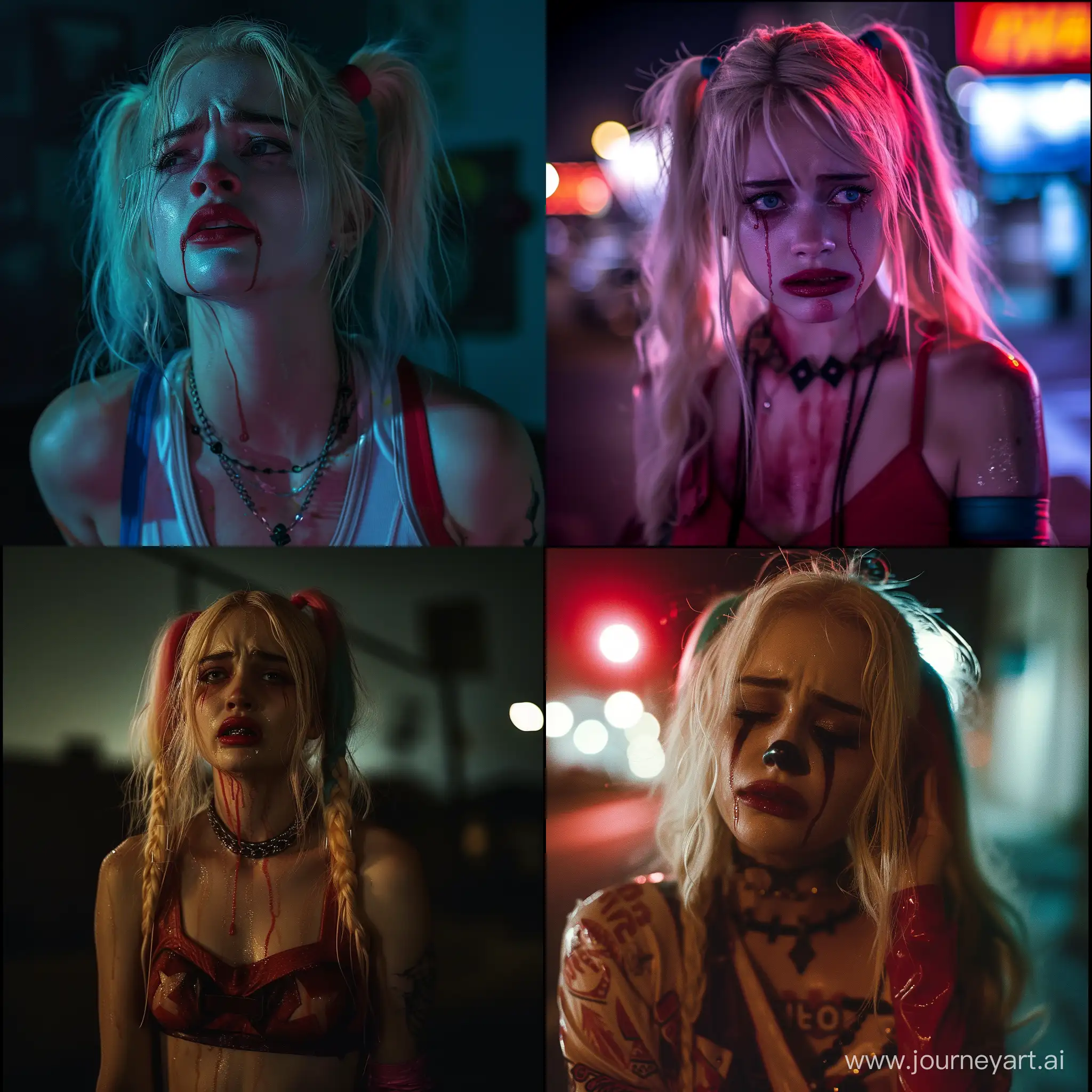 Margaret Qualley as harley quinn, portrait, flash, night, crying