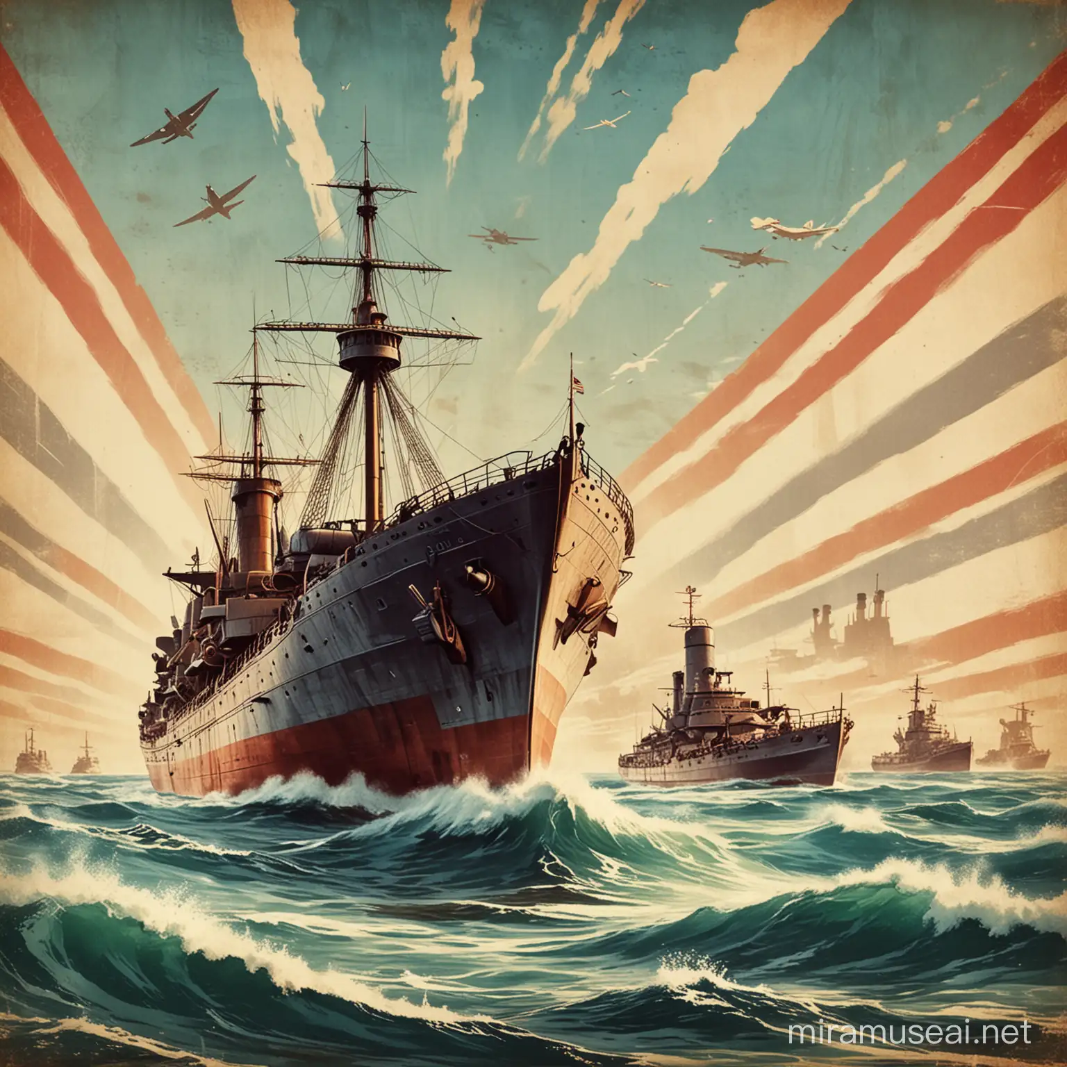 Vintage Navy Ship in World War II American Propaganda Poster