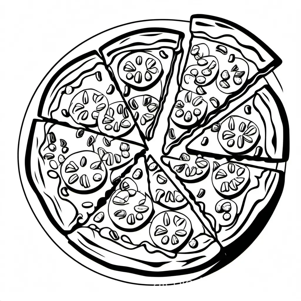 Pizza Margherita bold ligne and easy for kids , Coloring Page, black and white, line art, white background, Simplicity, Ample White Space. The background of the coloring page is plain white to make it easy for young children to color within the lines. The outlines of all the subjects are easy to distinguish, making it simple for kids to color without too much difficulty
