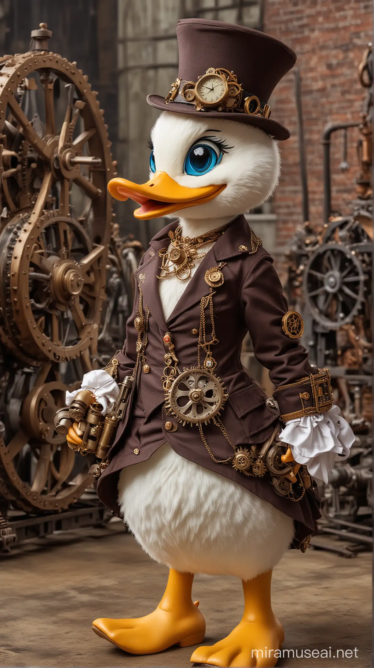 Make a Daisy Duck from Disney dressed in steampunk attire, complete with gears, brass accessories, and Victorian-inspired clothing, set against a backdrop of industrial machinery and clockwork marvels."