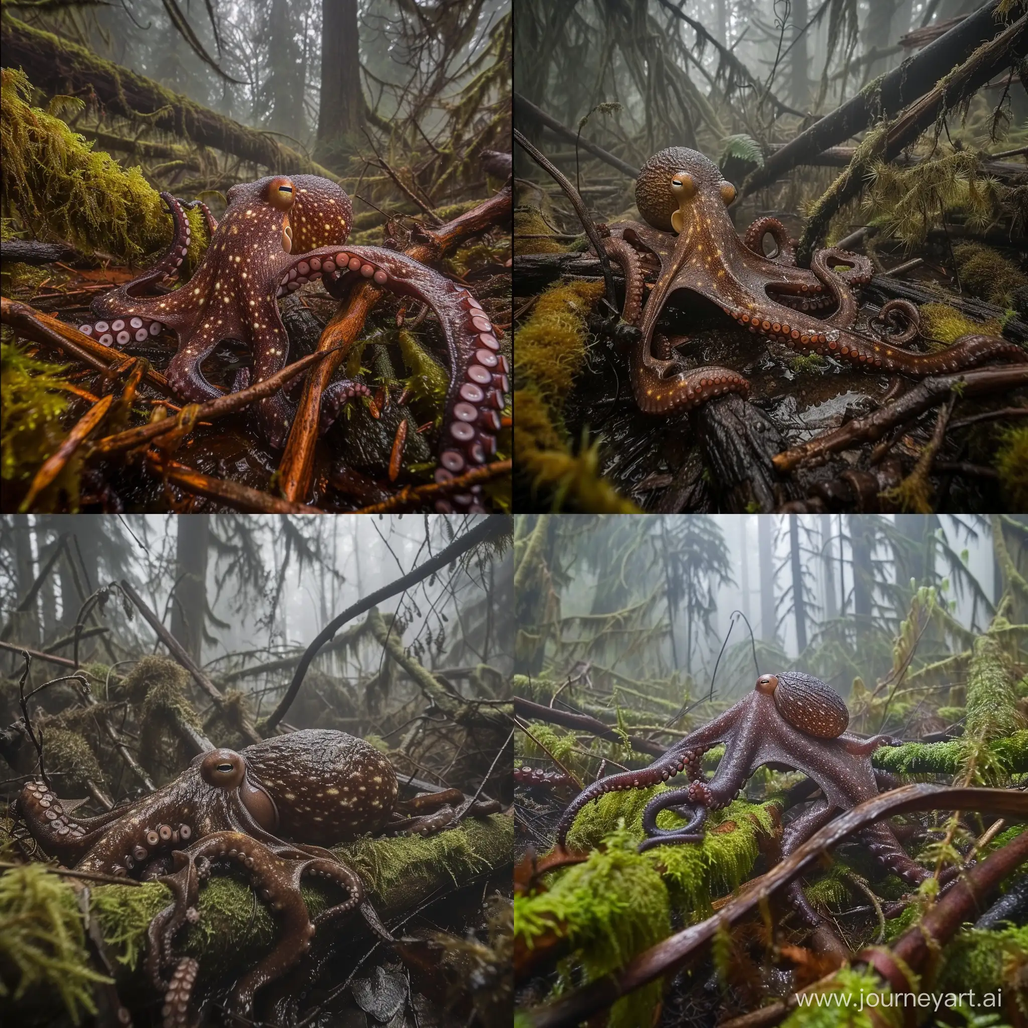 award winning wildlife photo of a very wet glistening mottled brown octopus crawling across the forest floor, crawling over moss covered fallen branches, misty old growth conifer temperate rainforest, telephoto lens, canon camera, extreme wide shot, Frans Lanting, crisp, detailed