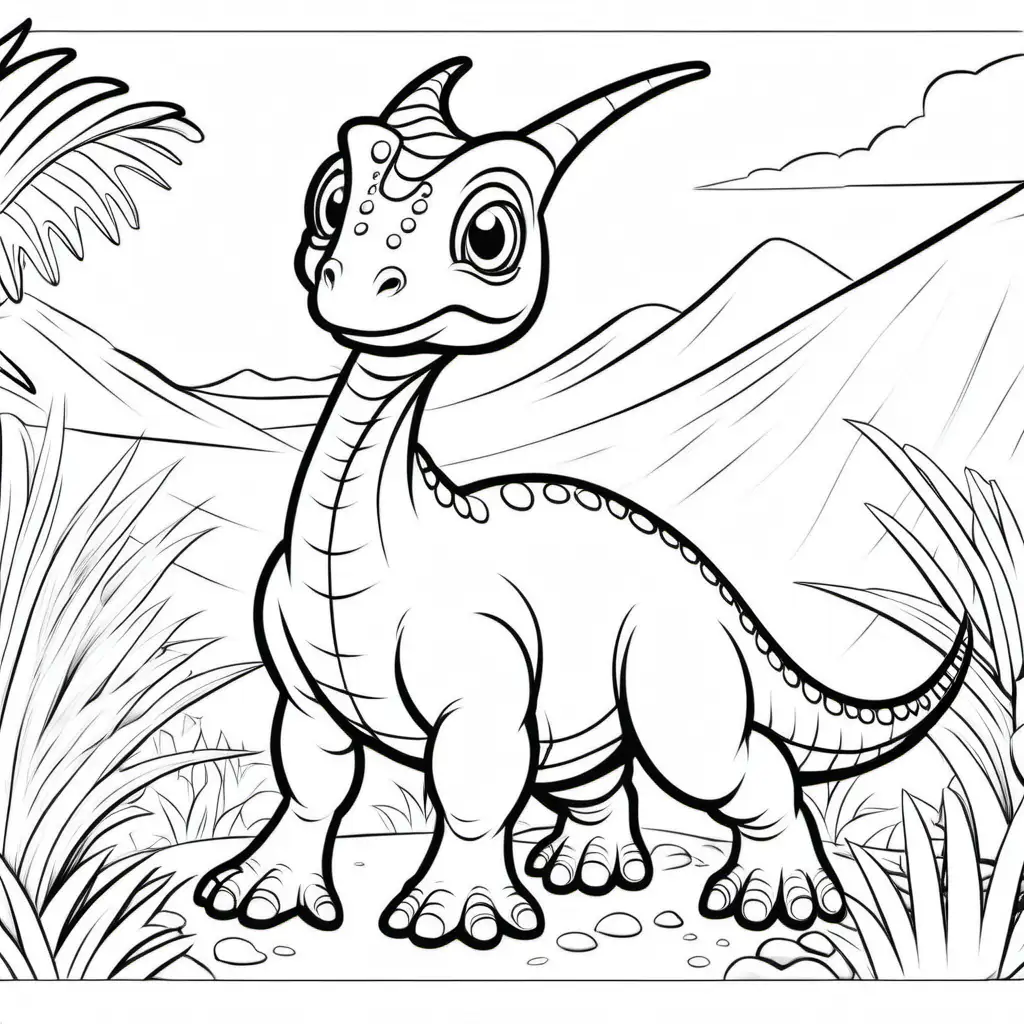 colouring page for kids , colouring page for kids , small size Parasaurolophus ,
cartoon style , thick lines , low detail , no shading --r 911,