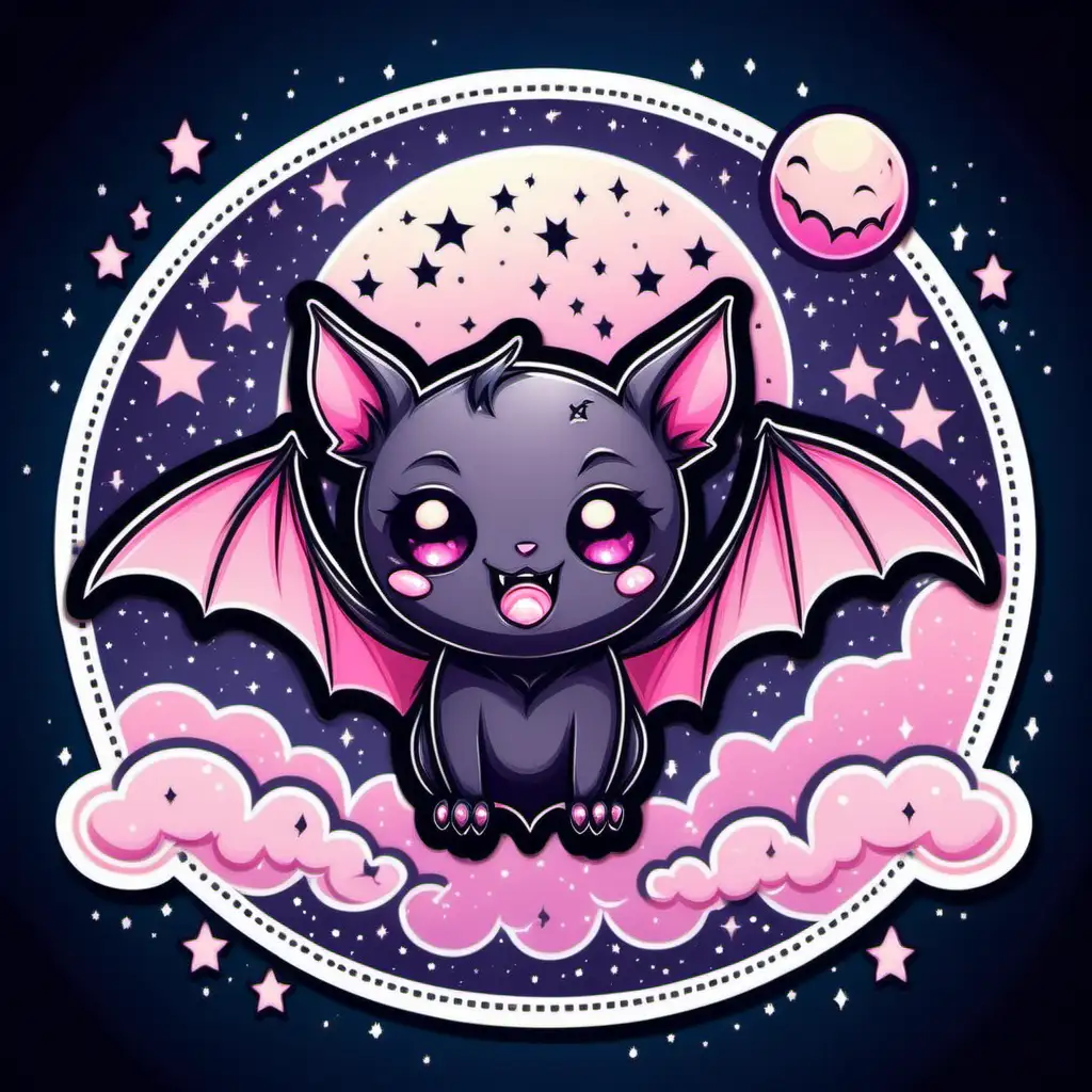 adorable chibi kawaii pastel goth vampire bat sticker with night sky design in pastel pink colors, vector illustration