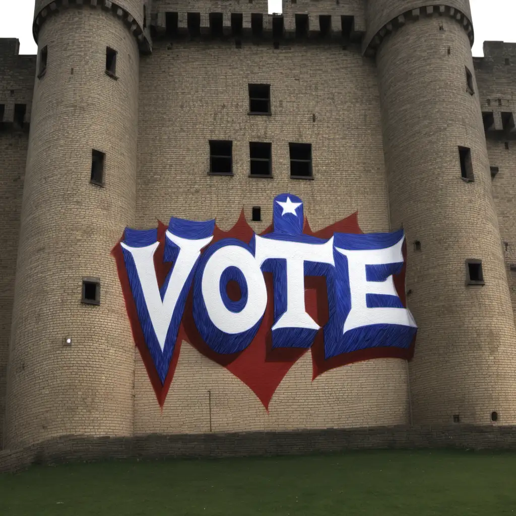 a castle with the outer wall with the word "VOTE" painted many times all over it.
