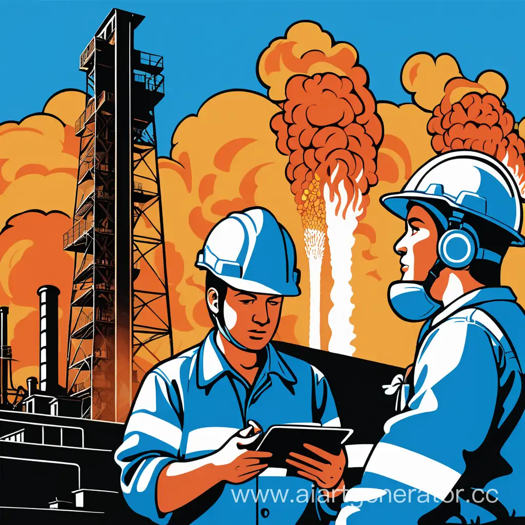 графический фон для грамоты коксохимический завод, рабочие в касках, огонь, голубое небо