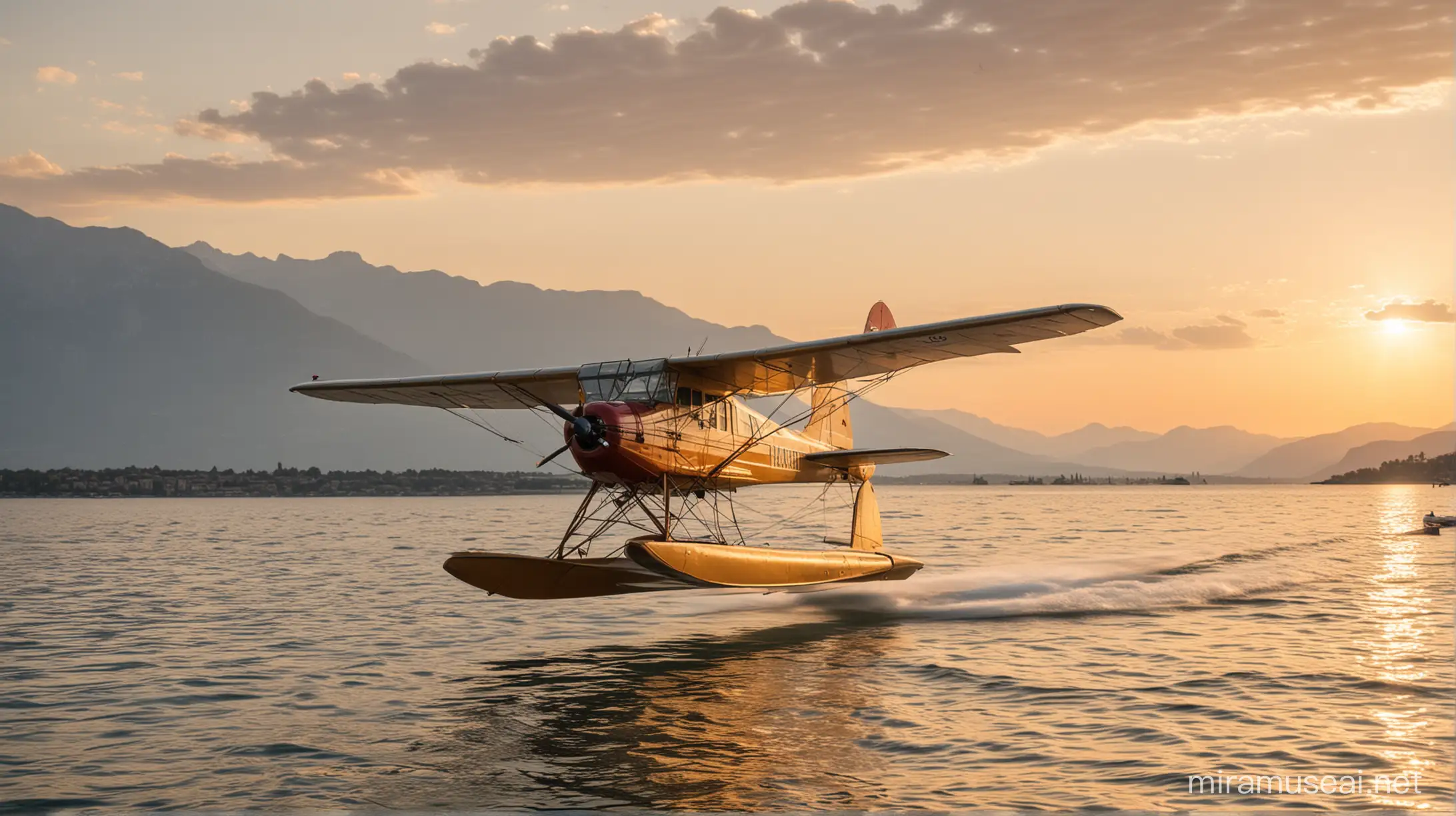seaplane from the early 20th century landing on Lake Geneva at sunset