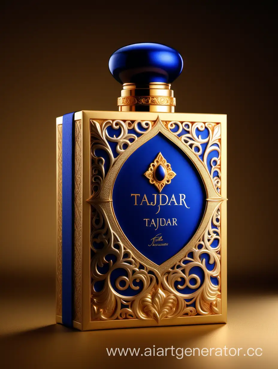 Luxurious-Perfume-TAJDAR-Box-Elegant-Gold-and-Royal-Blue-Packaging