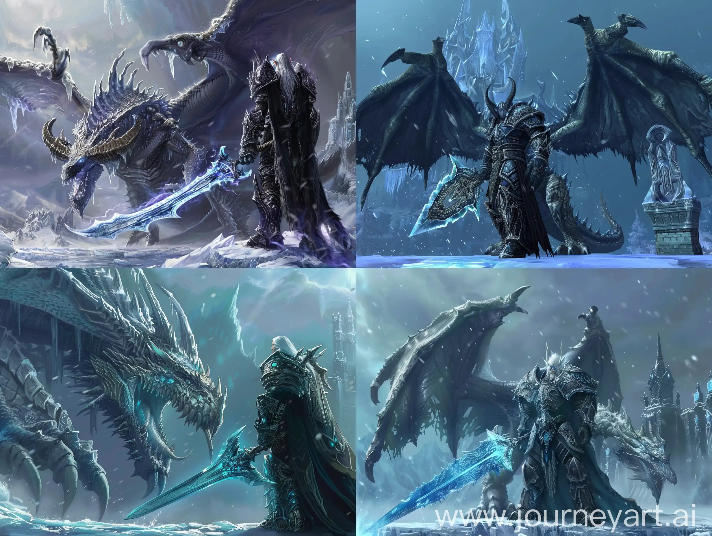 《魔兽世界》角色阿尔萨斯站在冰冠堡垒指挥冰霜巨龙