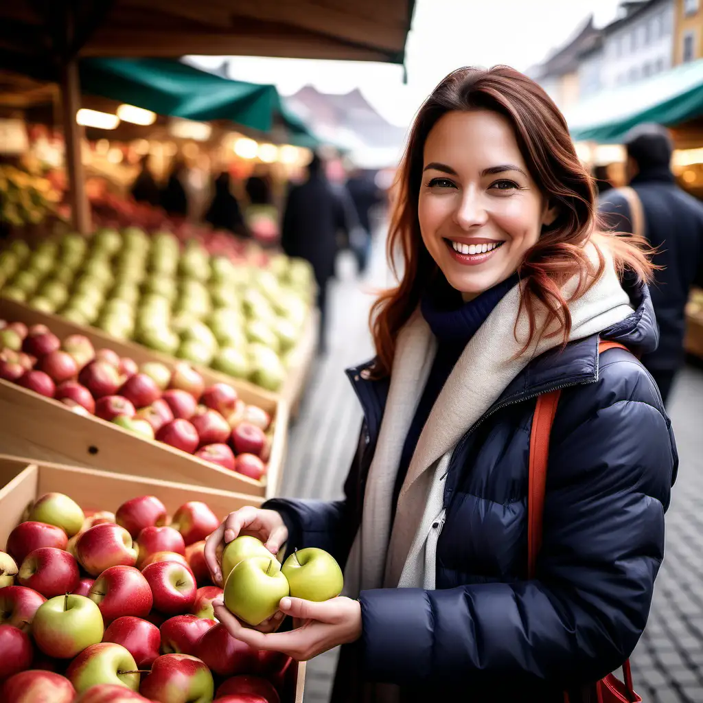 please create a picture of a woman in her 30s, modern, smiling, buying apples in a traditional market