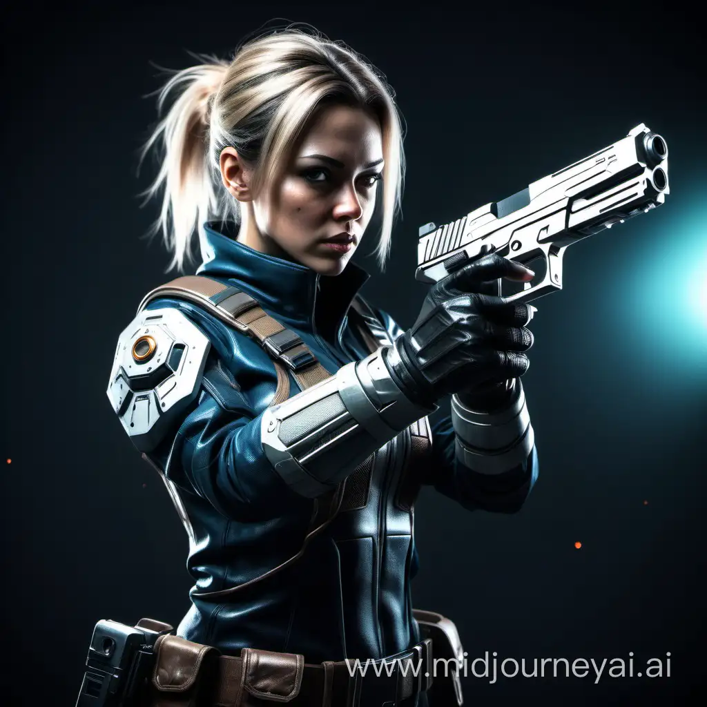 Sci-fi in a sci-fi outfit with detailed textures and clothing. Female aiming a detailed handgun, action shot 