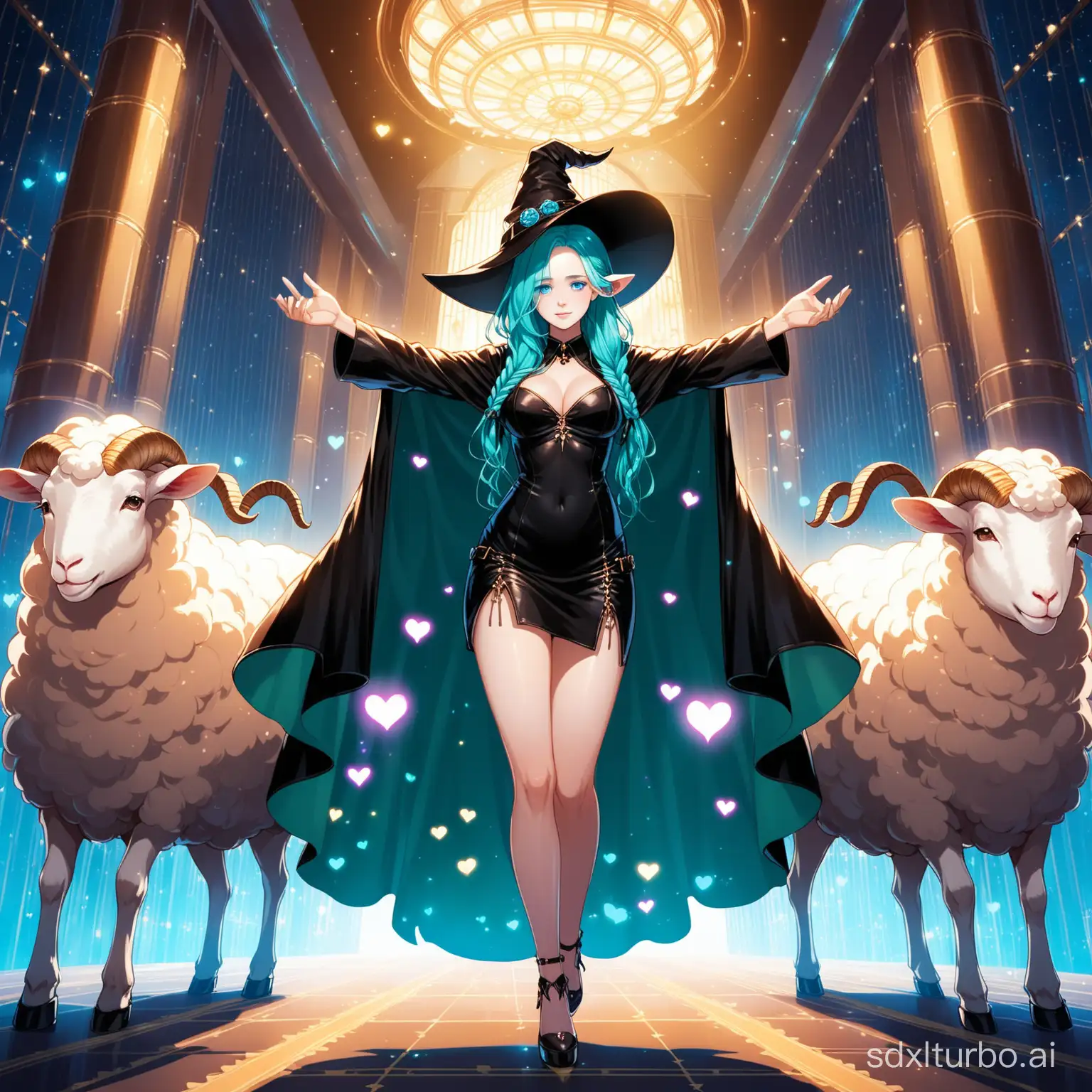 Elegant-Albino-Girl-with-Cyan-Hair-and-Unique-Accessories-Surrounded-by-Sheep-in-Luxury-Hotel