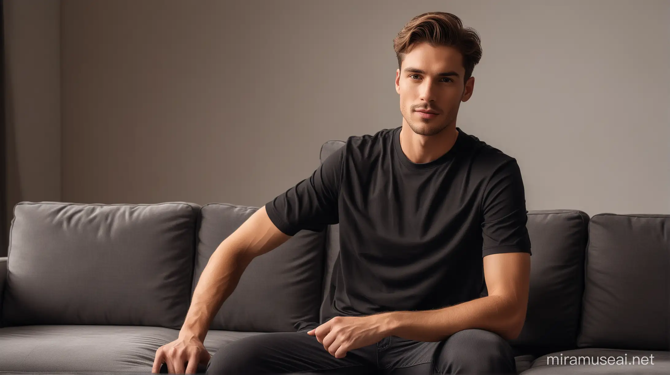a smart good looking male model in black regular fit t-shirt sitting on sofa in home with professional lighting modeling for a t-shirt brand
