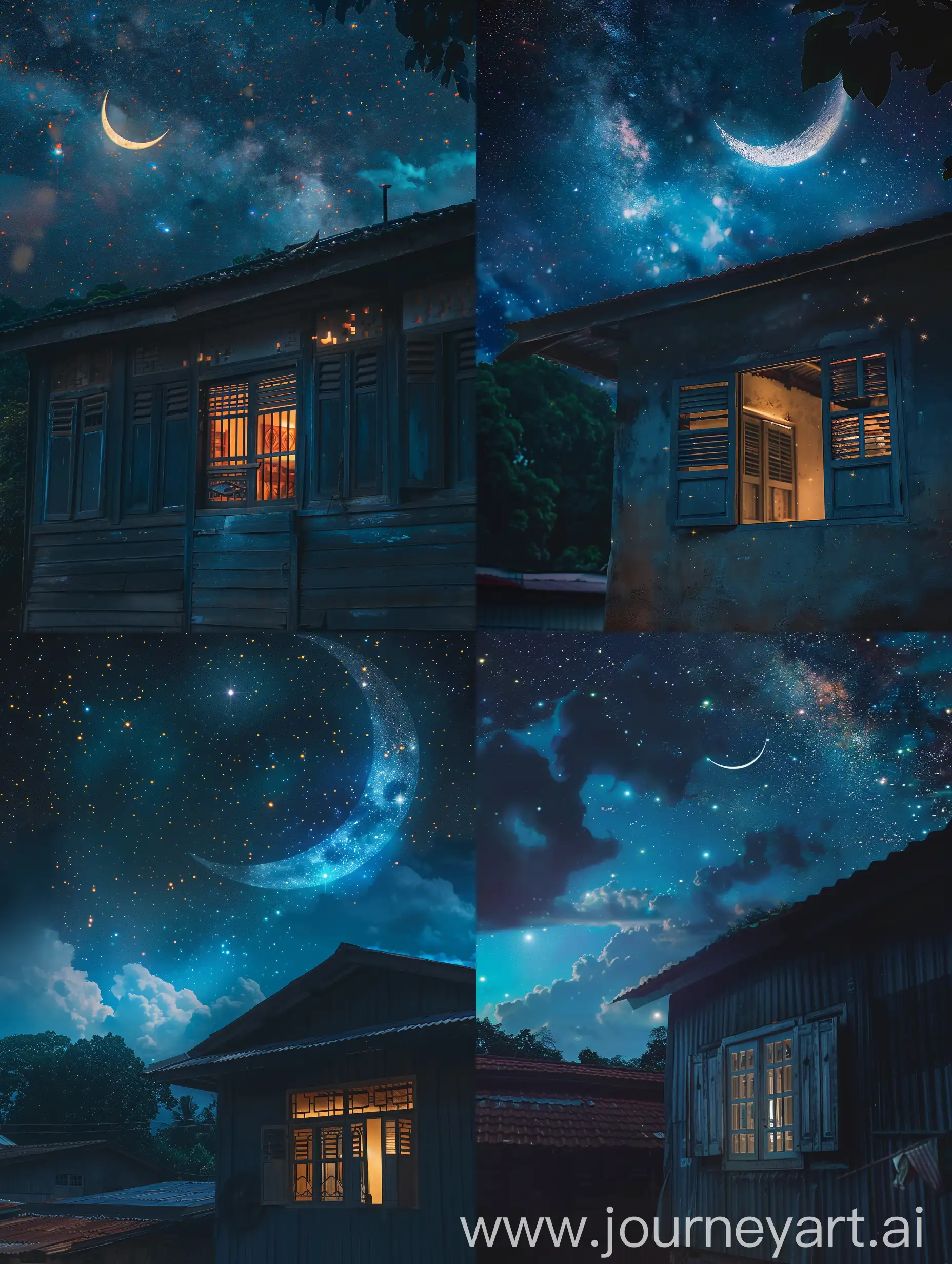 ultra realistic. night atmosphere The sky is lit by the crescent moon and stars. the background of a Malay village house. the window is open and there is light from inside the house. canon eos-id x mark iii dslr --v 6.0