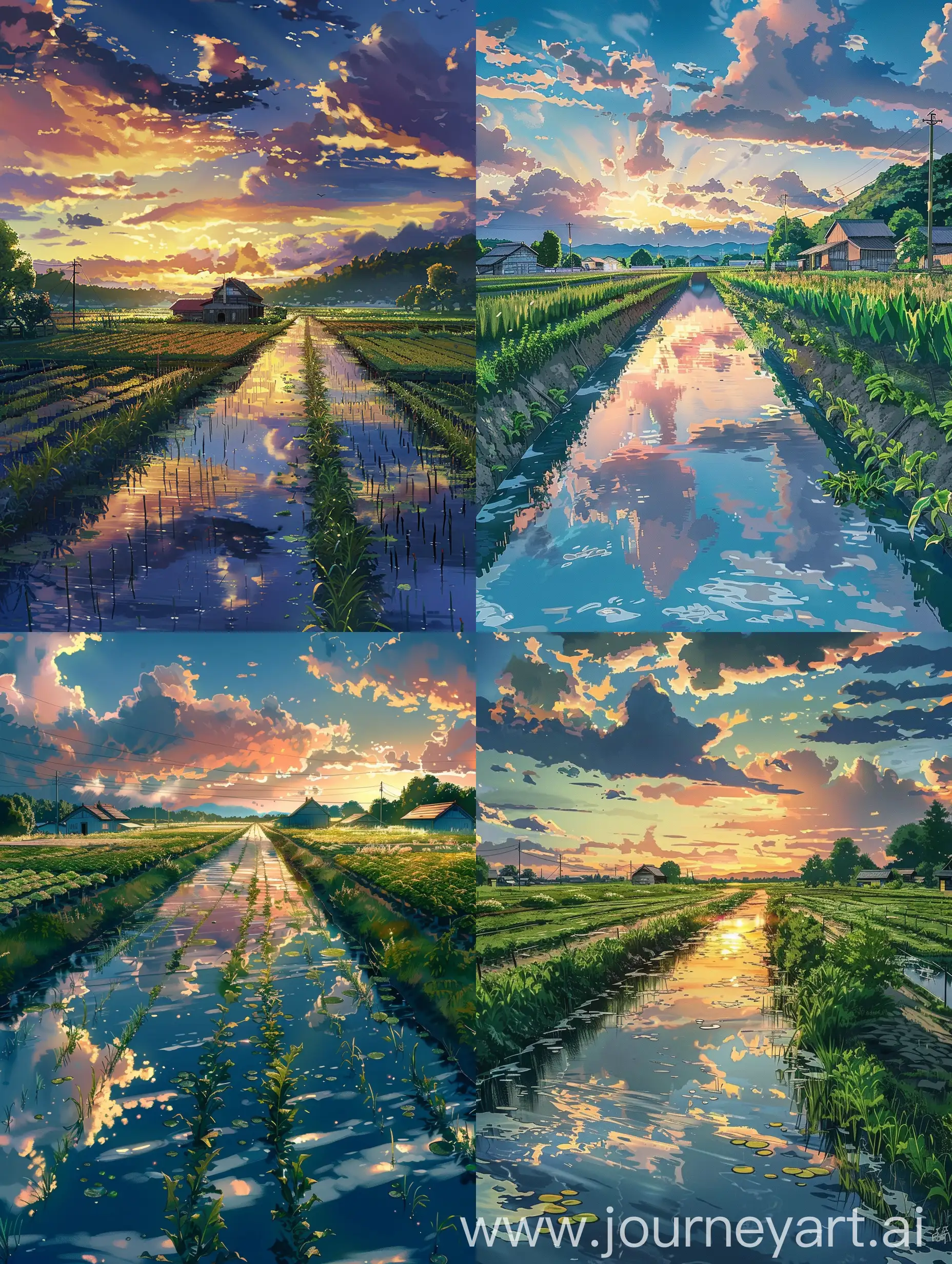 Beautiful anime scenary, mokoto shinkai style, water between the small crops,farms,a small farm house,beautiful sky,water refletcions,countryside,sereneity,summers.
