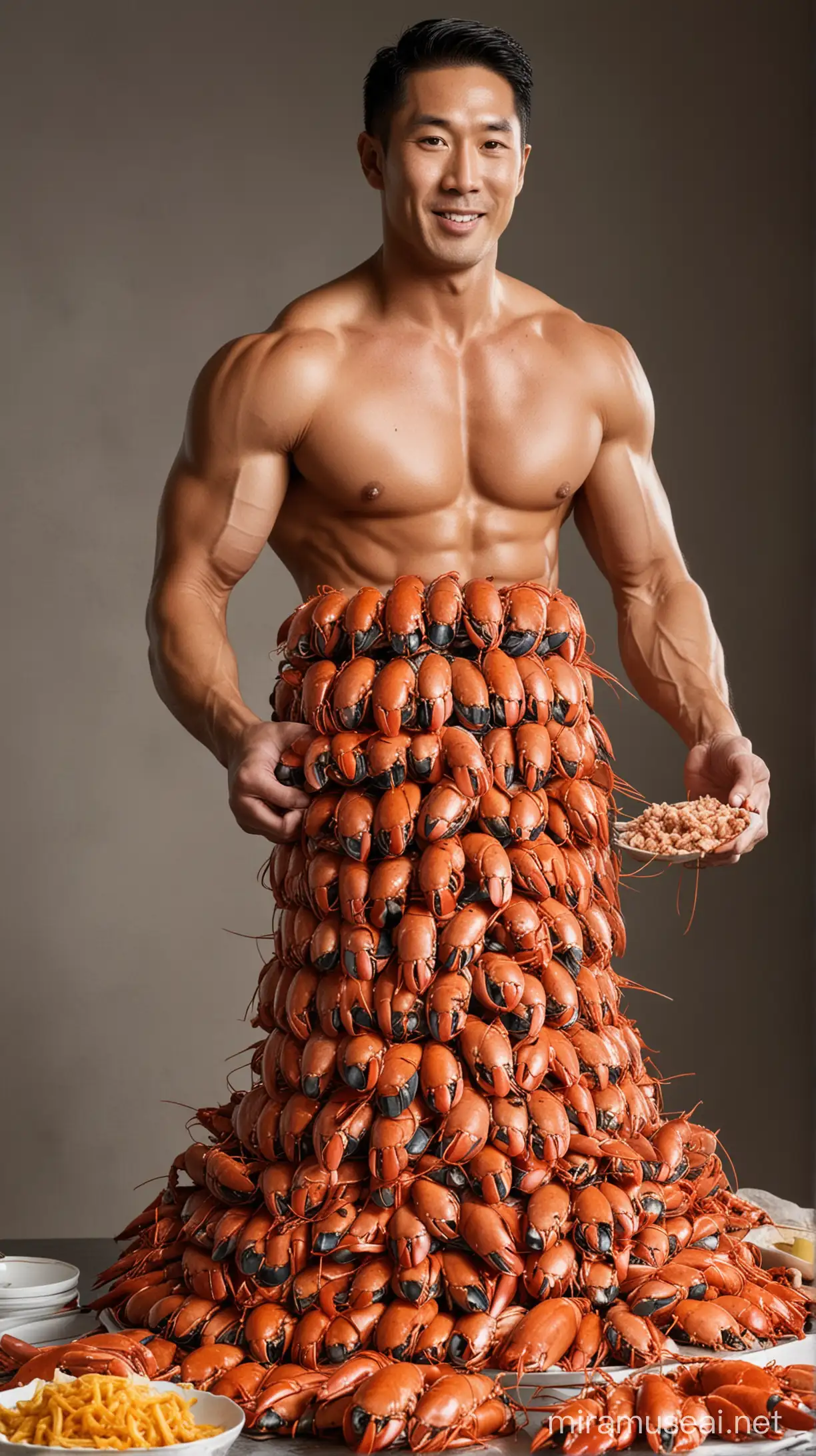 Chef, muscle asian, making tower of lobsters, shirtless