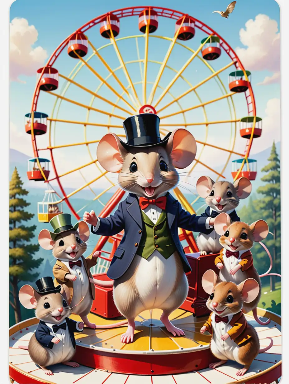 Postal cards of a playful little mouse dressed in his Sunday best with his friends, the other small forrest animals visiting the Ferris Wheel 