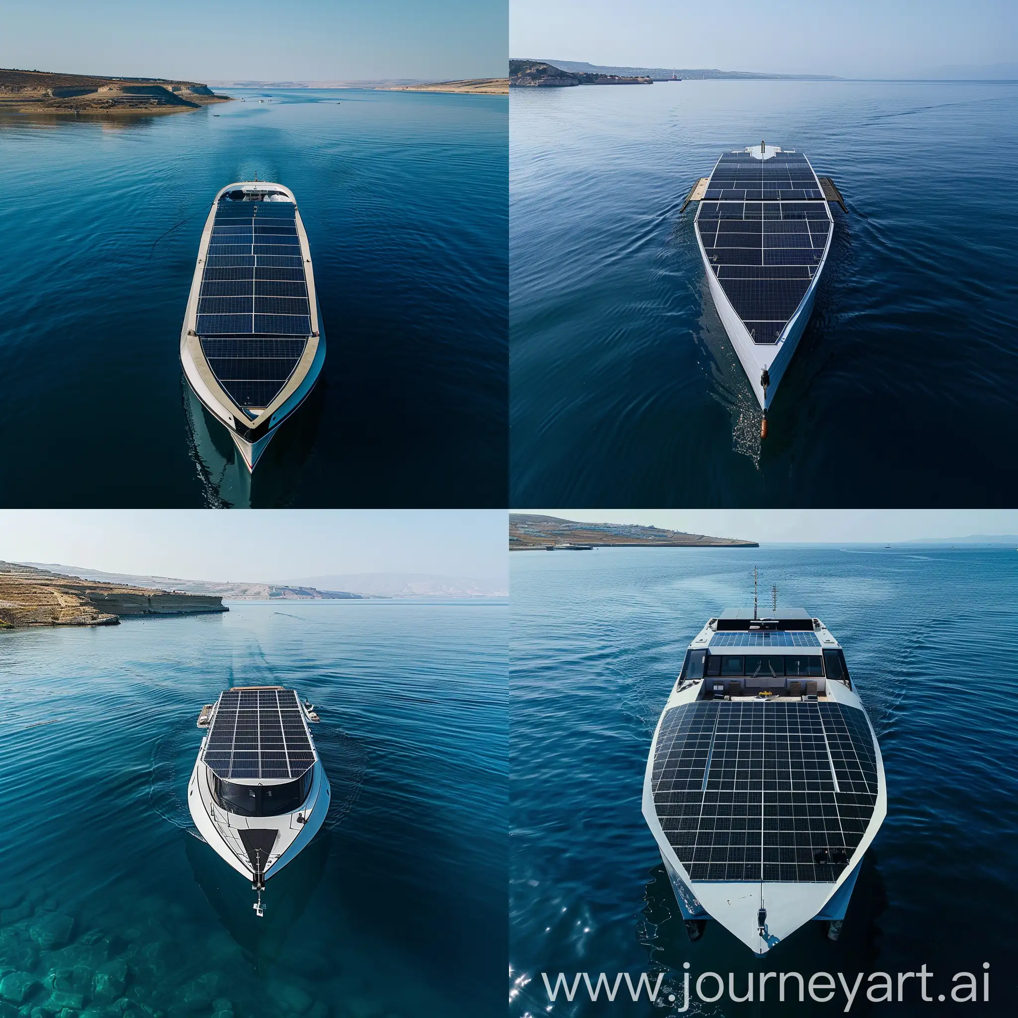 embarcación en medio de un cuerpo de agua, posiblemente el mar, visto desde una perspectiva aérea que sugiere que fue tomada desde una altura considerable, como desde un dron. El agua es de un azul profundo y calmado, indicando que podría ser un día claro y soleado.  La embarcación parece ser de tamaño mediano y está equipada con paneles solares dispuestos en su parte superior, lo que cubre la mayoría de la superficie visible. Los paneles están organizados en un patrón simétrico y parecen ser de color negro o gris oscuro, lo que contrasta con el blanco del resto de la embarcación.  La proa de la embarcación está orientada hacia la parte superior izquierda de la imagen, y la popa hacia la parte inferior derecha. En la parte de atrás se puede ver una pequeña plataforma posiblemente utilizada para el descenso al agua o actividades recreativas. No hay personas visibles en la imagen, lo que da la sensación de que el barco podría estar anclado o desocupado en el momento de la fotografía. No hay otras embarcaciones ni tierra a la vista en el fondo circundante, lo que sugiere que la embarcación podría estar en una ubicación remota o alejada de la costa.