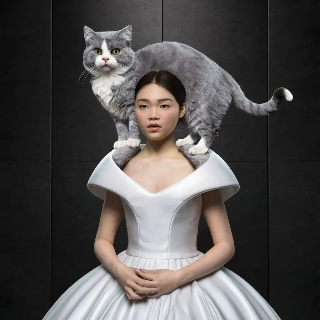 a taiwanese young woman in white holds a female grey white short-haired Btlritish cat on shoulders, in the style of iris van herpen, hyperrealistic wildlife portraits, hendrik kerstens, photo-realistic techniques, realistic depictions of human form, magical creatures, mind-bending sculptures. black background., photo