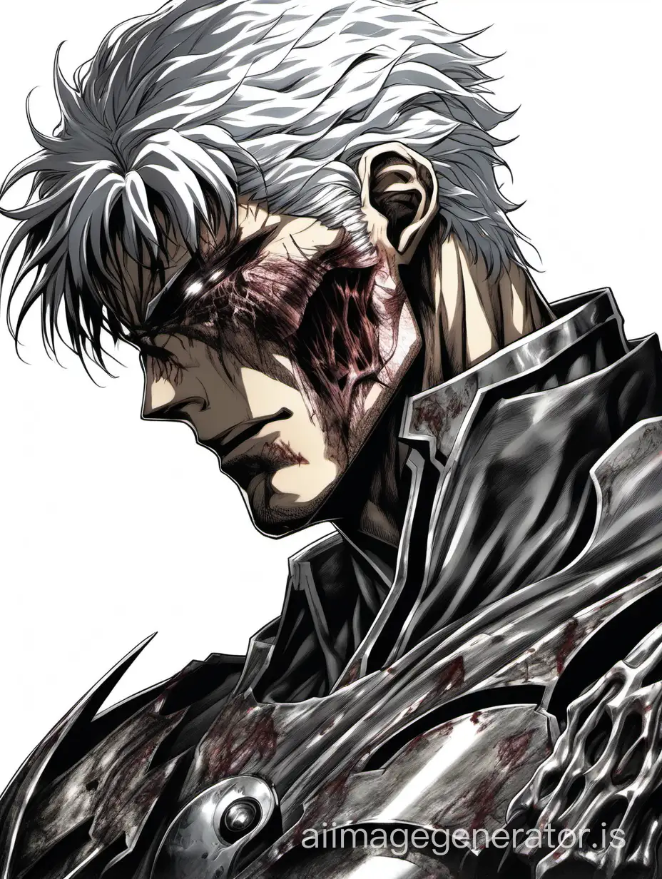 White-haired Guts with a scar on his eye, revealing his black iron prosthetic on the left arm