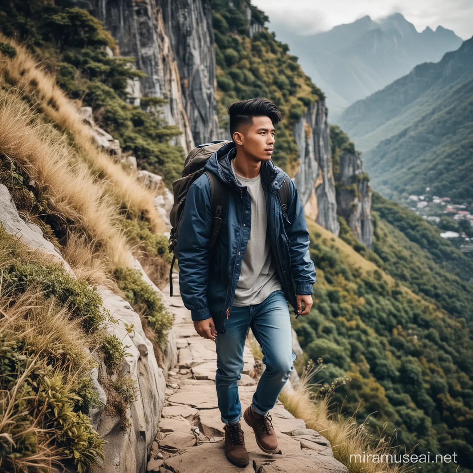 Fotografi pria indonesia umur 25 tahun,rambut undercut bun hair, baju kaos dan jaket parka, celana jean biru,sepatu kulit,membawa tas ransel yang besar, memanjat tebing yang curam, lokasi sebuah gunung yang indah 