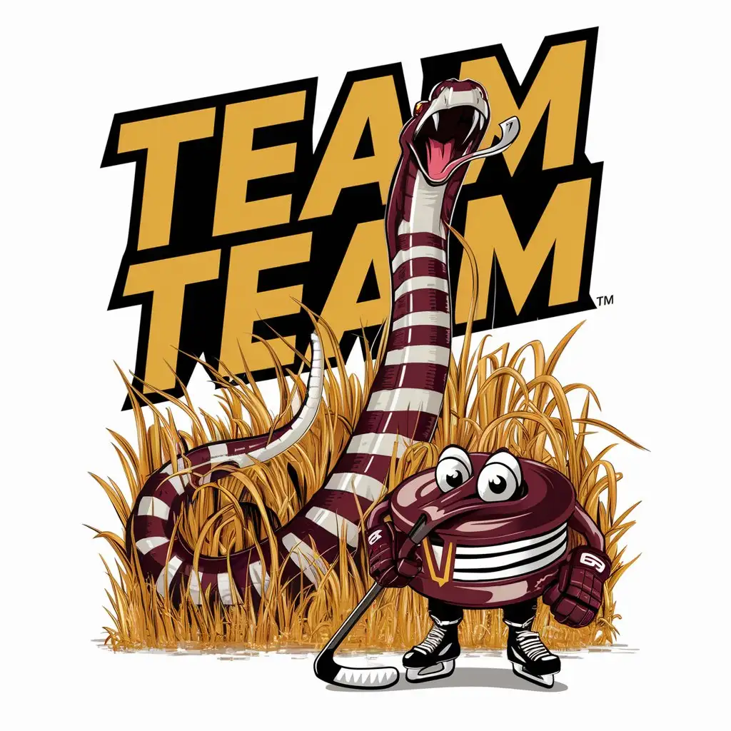 A dynamic hockey team logo for the "Team Team" hockey team. Colors: Maroon and Gold.  Mascots: a maroon and gold striped snake rising vertically from tall golden grass and an anthropomorphic hockey puck who always appears scared by the emergence of the snake.