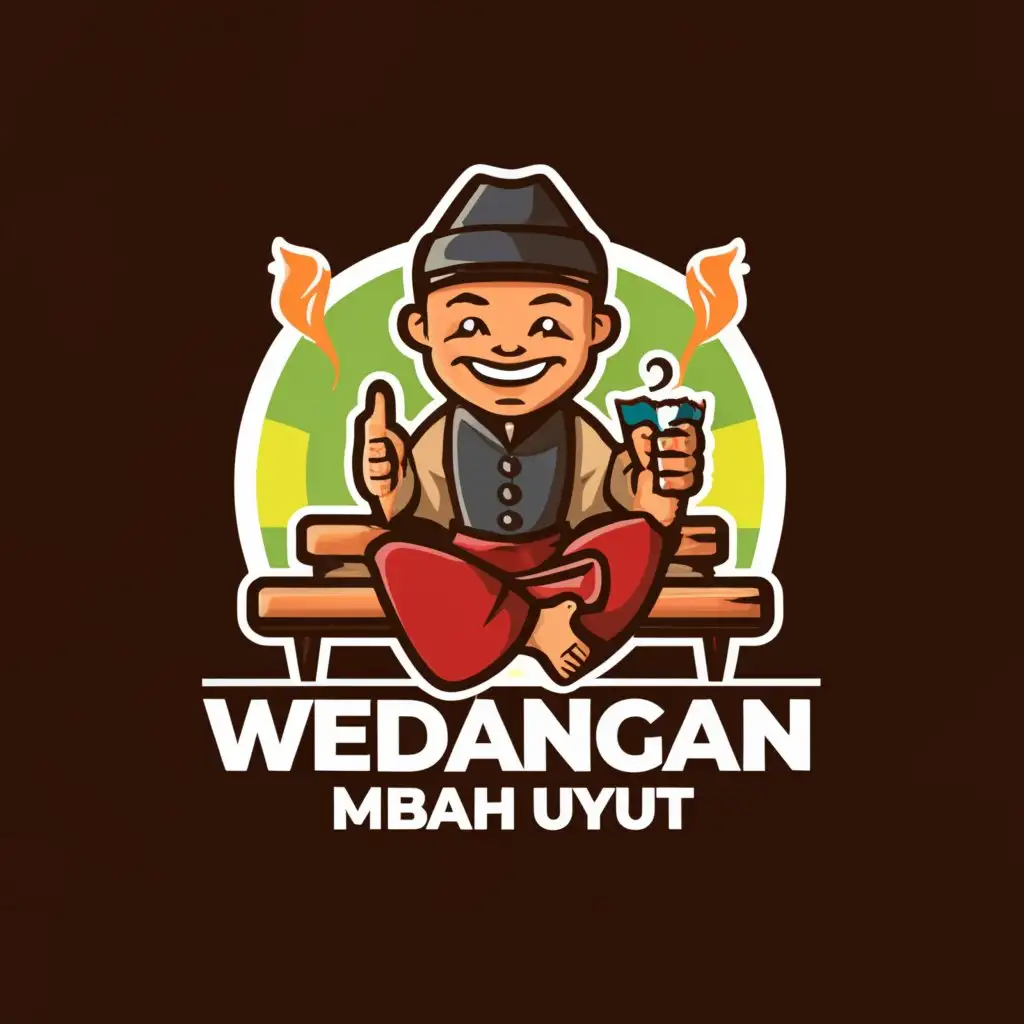 a logo design,with the text "Wedangan mbah uyut", main symbol:4d caricature, a man wearing Javanese traditional attire is drinking while giving a thumbs up,Minimalistic,clear background