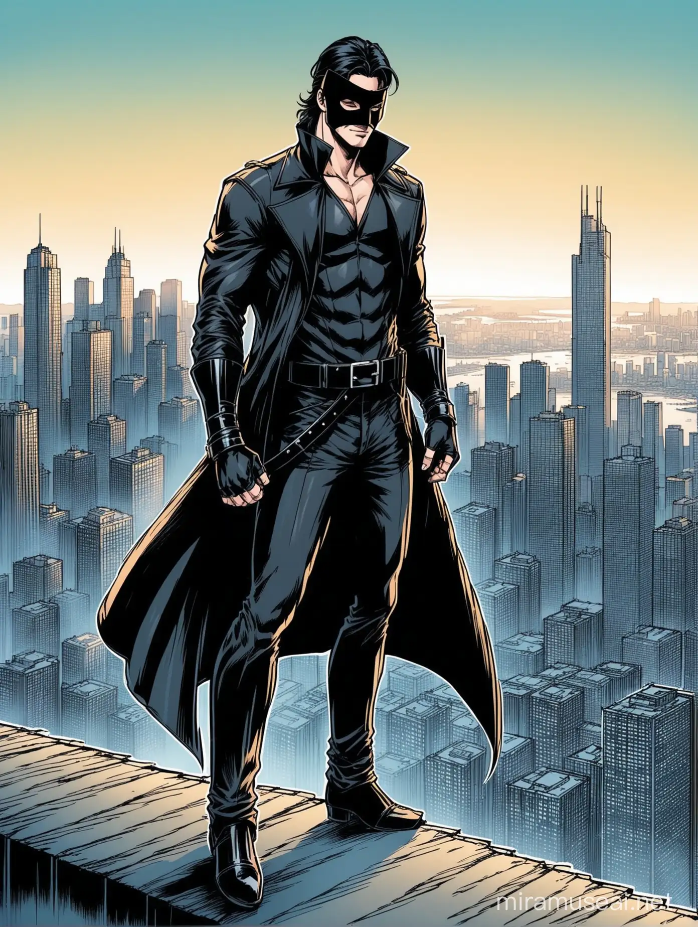 American comic book drawing style of a handsome superhero wearing a long black leather closing coat, black hair, a black Leather Zorro Mask covering only his eyes, black pants, long black shoes, and black fingerless gloves, standing on the edge of a skyscraper, with a Skyline of the city in the background. The belt is not showing