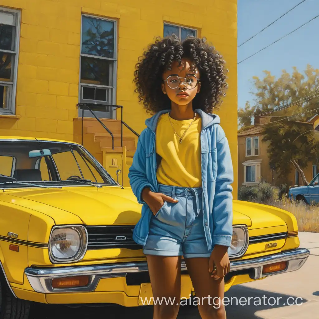 Stylish-African-American-Girl-Posing-by-Vibrant-Yellow-Car