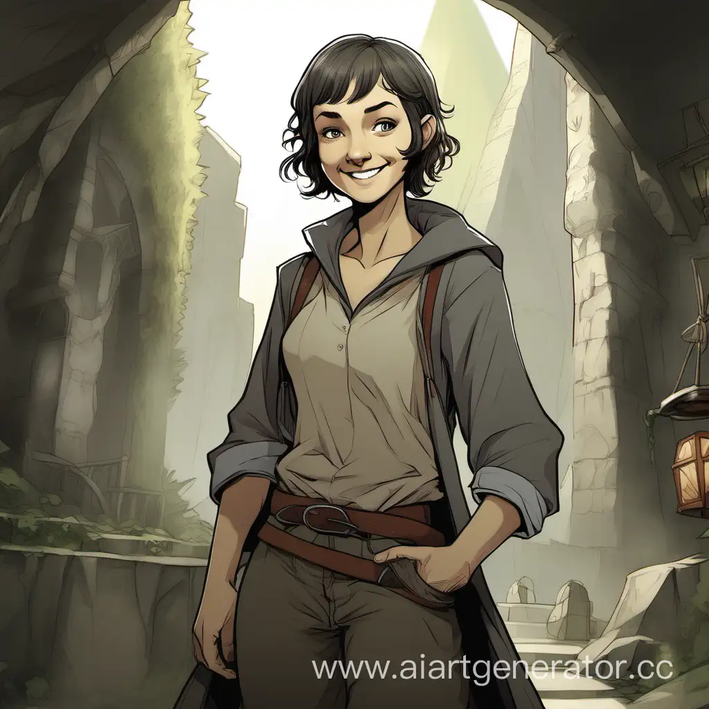 Adventurous-Hobbit-Girl-with-Impudent-Smile-in-Gray-Attire