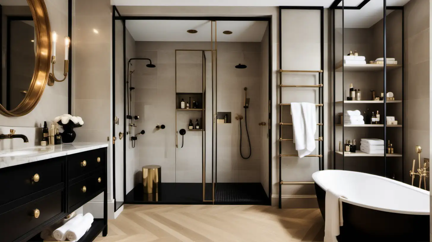 large parisian Bathroom; beige, oak, brass, black colour palette; oak flooring; large alcove shower; Floor to ceiling brass mirror



