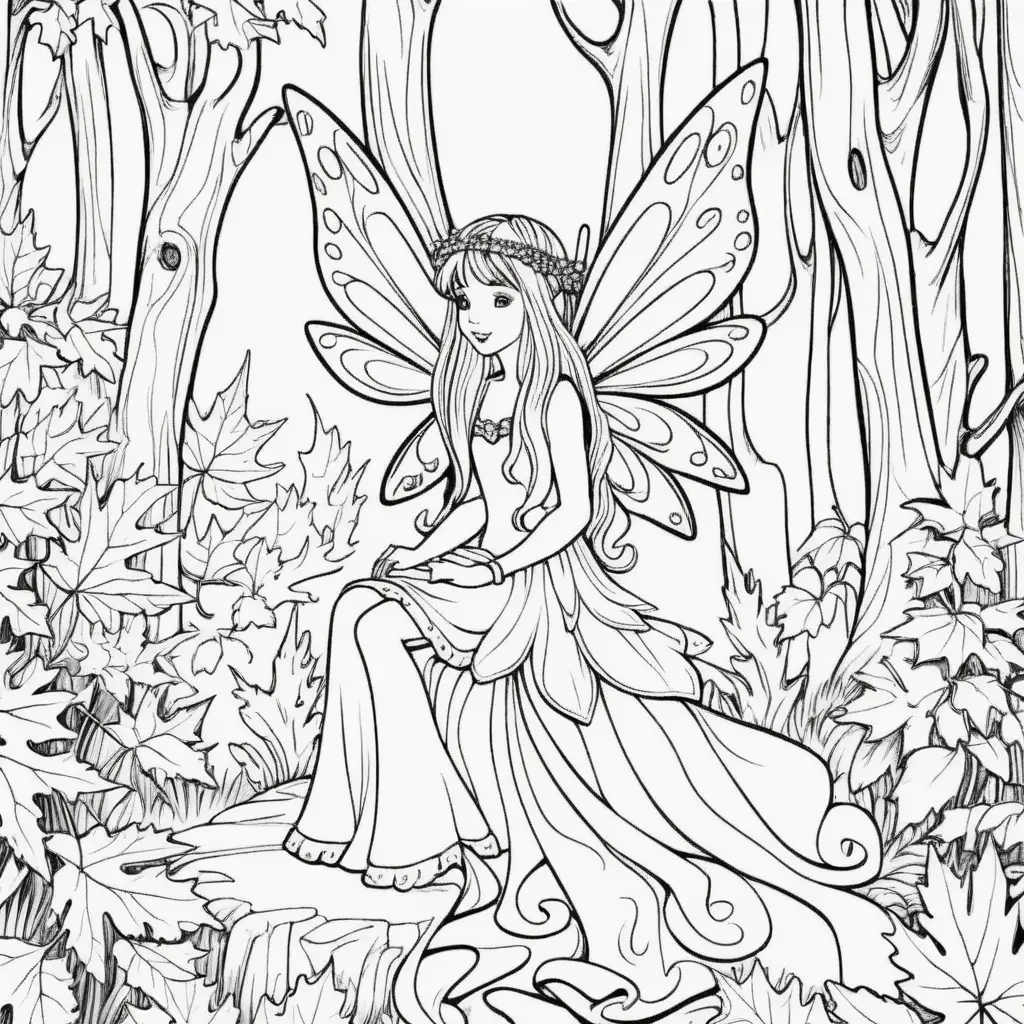 coloring page fairy in the forest simple