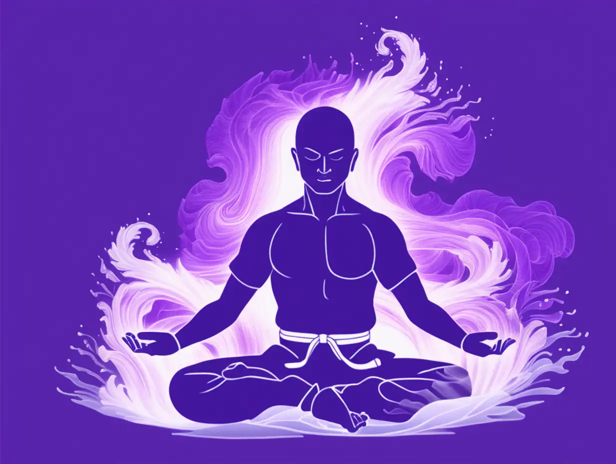 an indistinct outline of a martial artist meditating with waves of purple energy coming off them. transparent background.