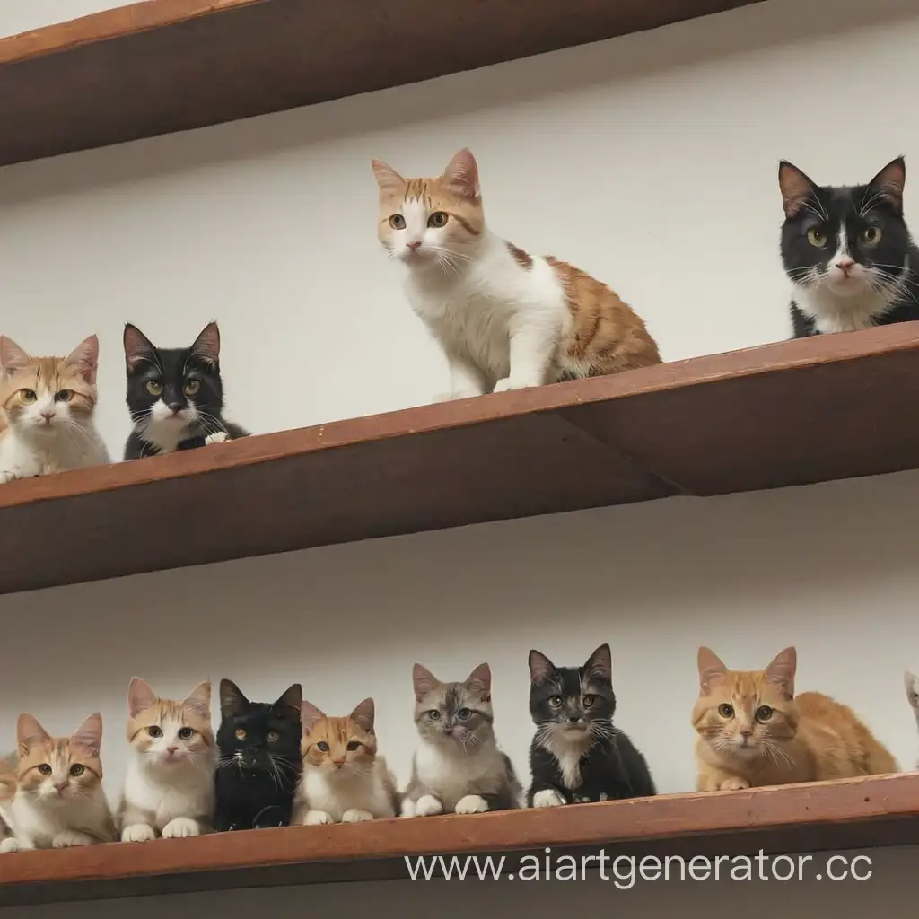 Playful-Cats-Perched-on-Colorful-Shelves