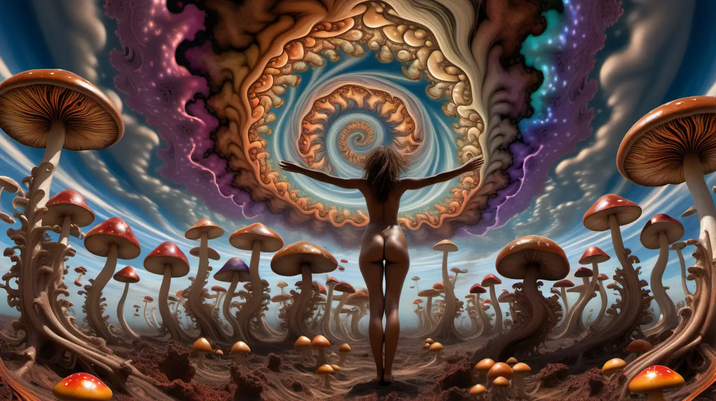 Psychedelic fractal sky with swirling fluid , multicolored fractal mushrooms extending from the ground up to the sky on right and left, nude brown skinned female figure standing in mid center facing towards the sky with arms extended, hyper realistic, moody and euphoric