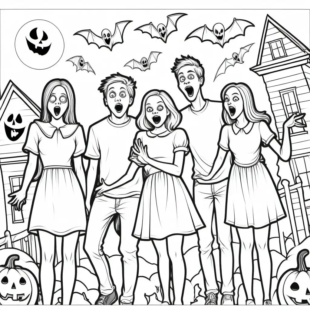 simple white and black coloring book picture of young men and young women being silly and spooky, for coloring