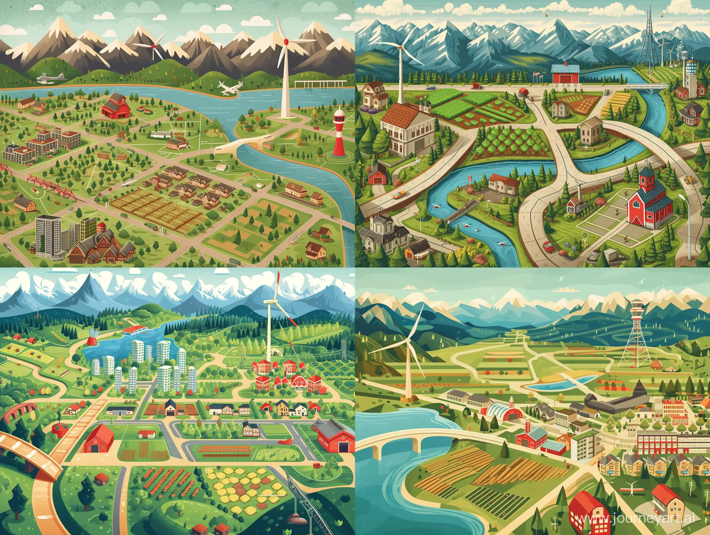  make a vintage style top view board game with a city, neighborhood, lake, mountains, bridge, farm with a field of crops, a wind turbine and red barn. On the board game add an airport with an air traffic control tower.
