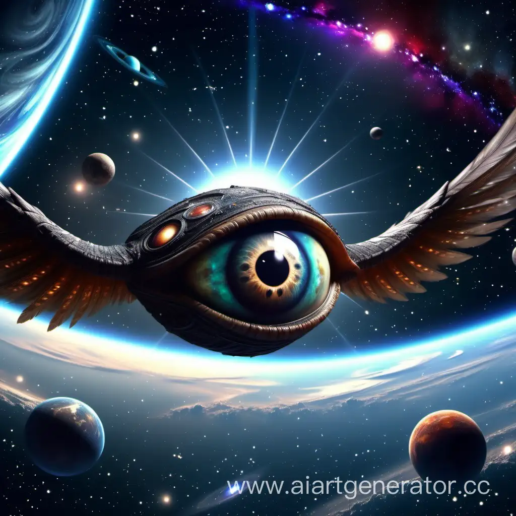 огромный летающий глаз с крыльями, на фоне звёзд, планет и галактик, фотография, реалистично, 4k