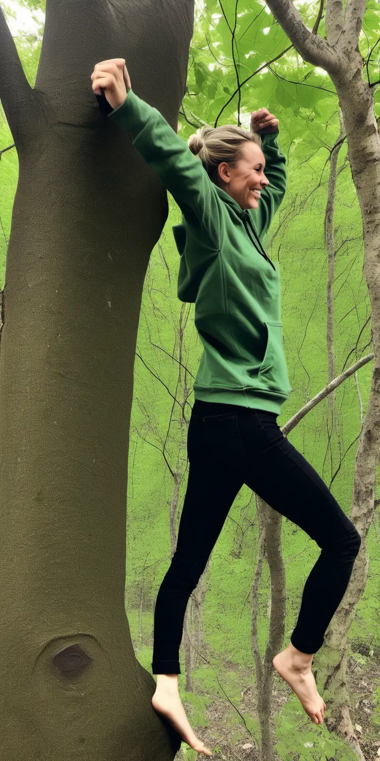 Adventurous Young Woman Climbing Tree Barefoot in Stylish Attire