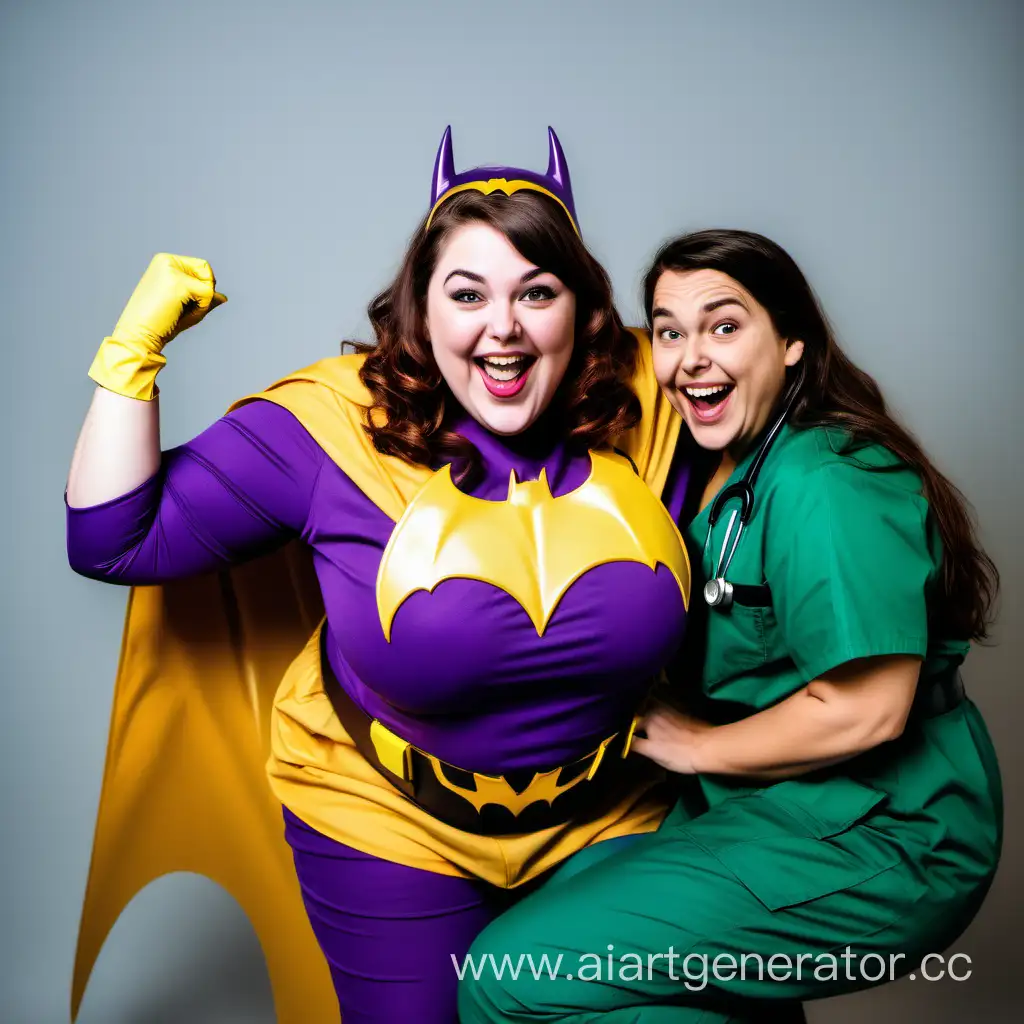 A happy plus sized Caucasian woman with brunette hair wearing a purple and yellow batgirl costume being tickled by a young skinny doctor wearing green scrubs.