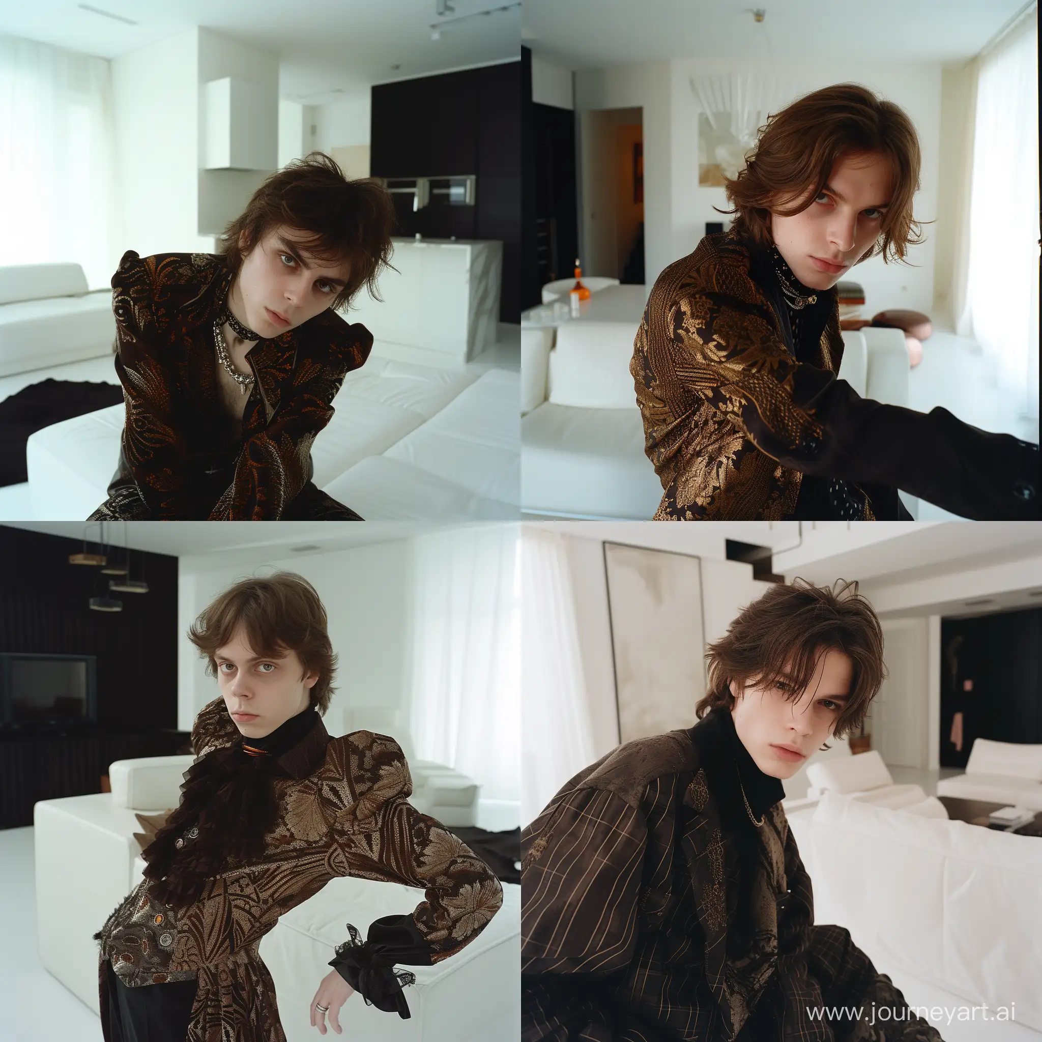 Candid photo of an eccentric, cheeky 20-year-old Slavic type guy, brown-haired, stern-eyed, in couture clothes, posing in a white modern living room, black and brown pastel tones, 35mm Kodak photo