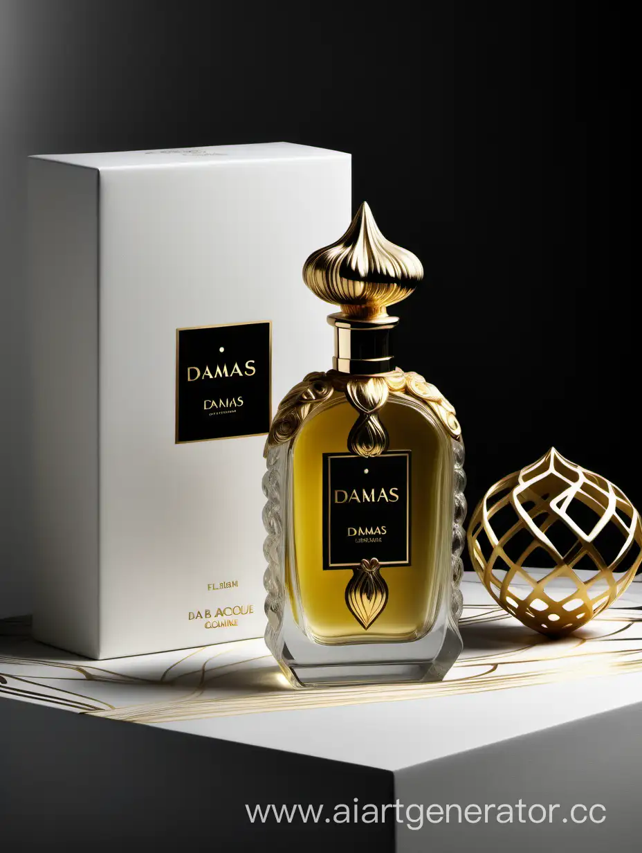 a bottle of damas cologne sitting next to a dark White box,with golden lines a Baroque dynamic luxurious composition, feminine
flemish Baroque